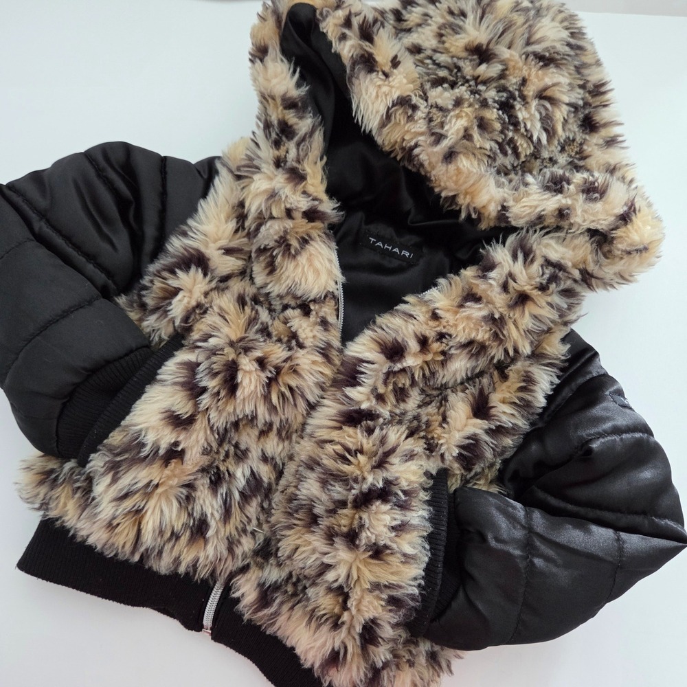 Tahari Puffer Jacket Black Leopard Faux Fur Hooded Mixed Media Girls Size 4